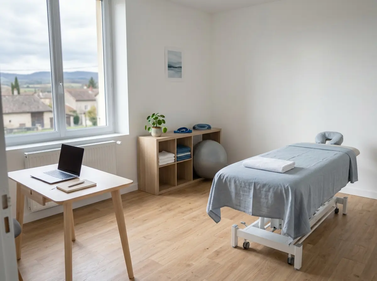 Salle de soin de kinésithérapie récemment installée, vide, avec une table de massage et un bureau, ouverte sur un paysage rural