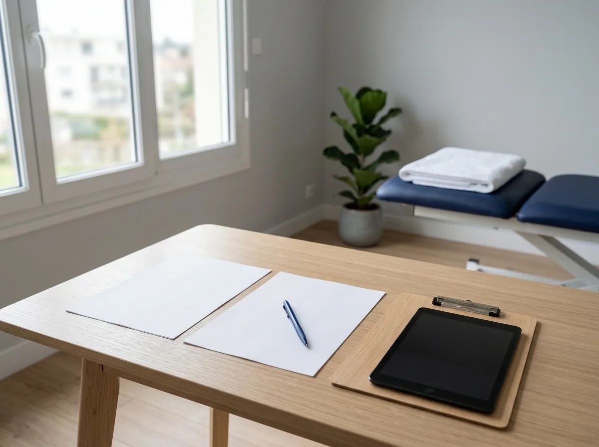 Bureau de cabinet de kinésithérapie avec deux feuilles vierges, un stylo et un porte-bloc