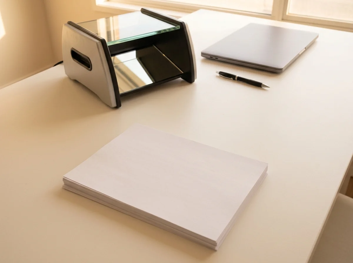 Podiatry practice desk with a stack of assessment forms, a podoscope and a closed laptop — the documentation workload to structure