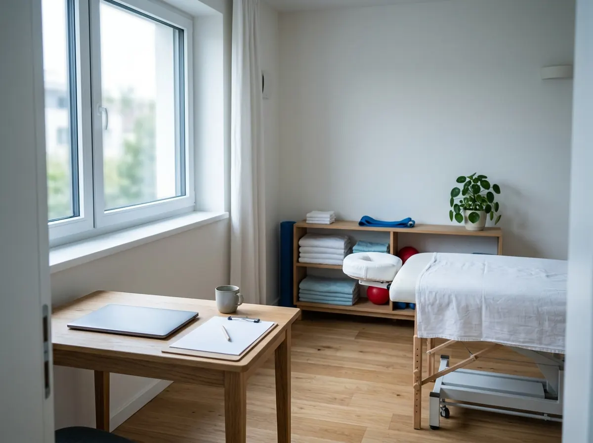 Salle de soin de kinésithérapie vide, avec une table de massage, un bureau et un porte-bloc vierge