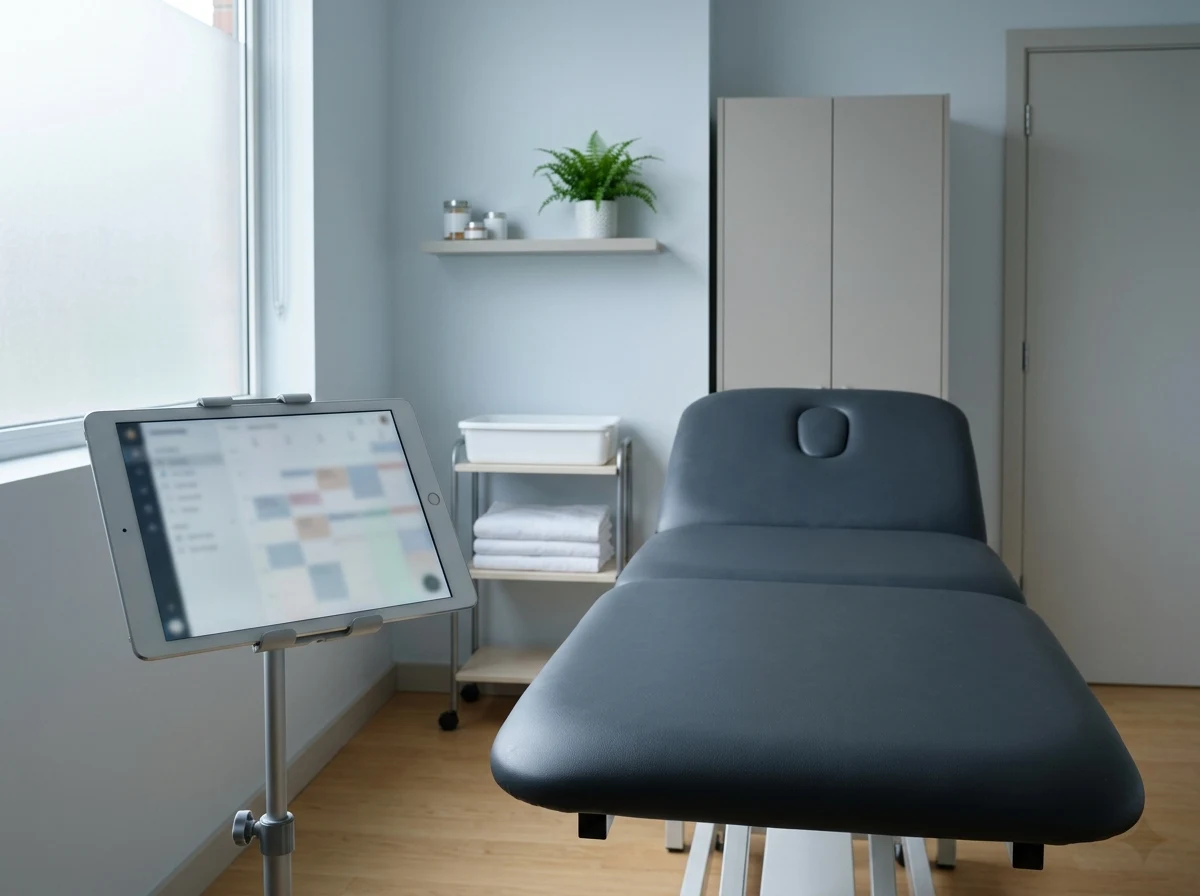 Empty physiotherapy room with treatment table and a tablet on a stand — digital traceability in a prescription-free practice