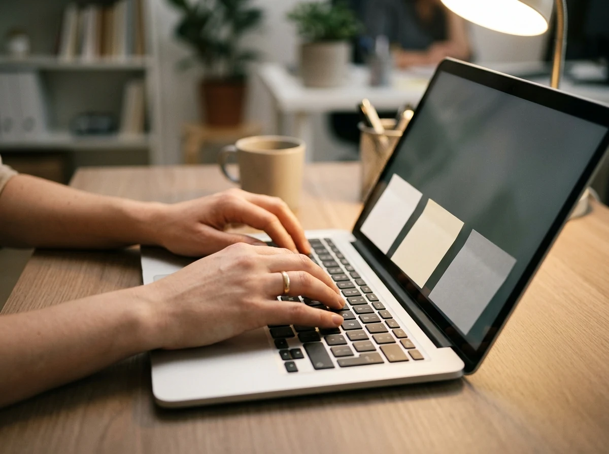 Hands resting on a laptop keyboard, three blank sticky notes on the screen bezel — checklist before contacting your software vendor