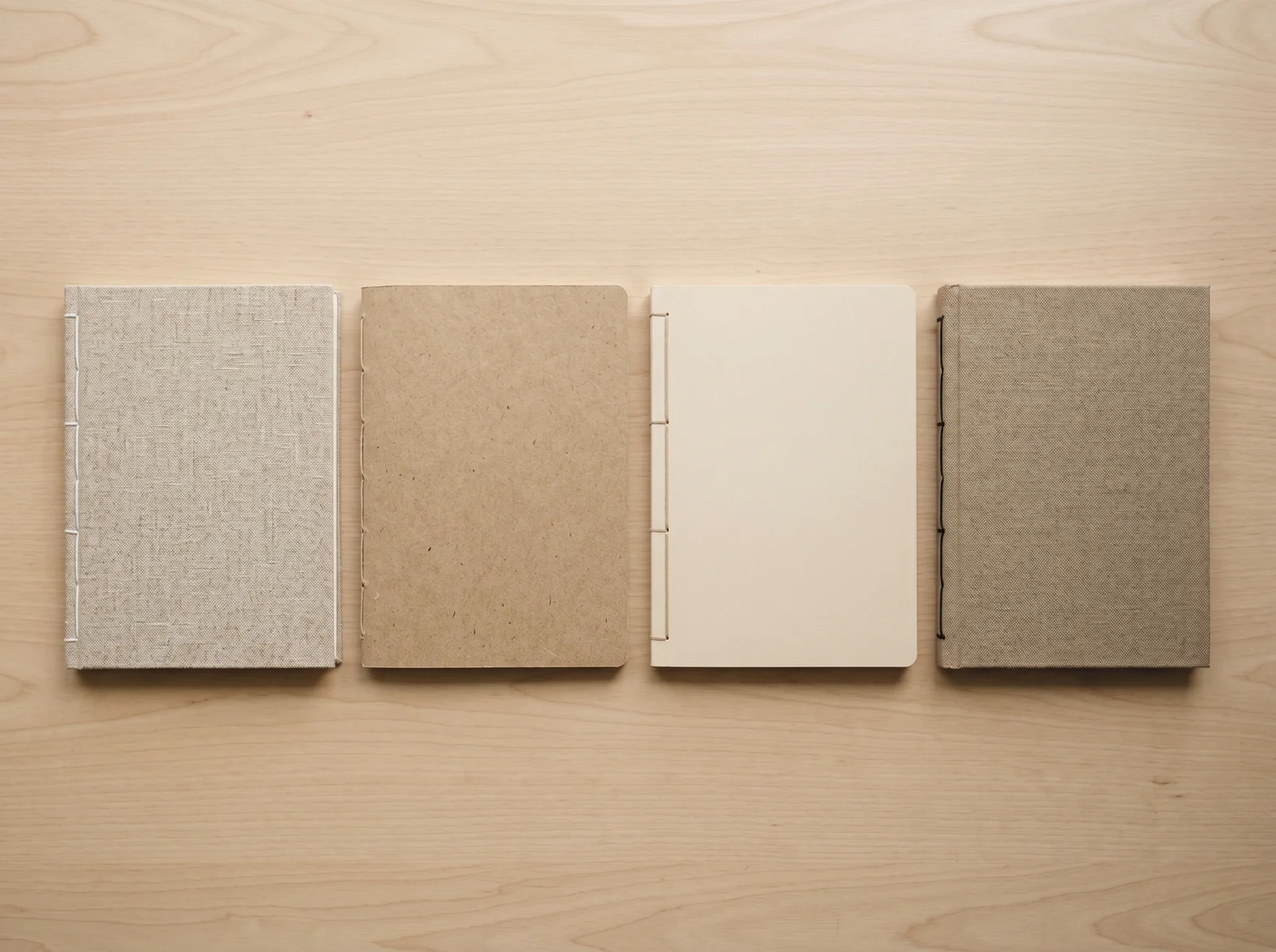 Four plain professional notebooks aligned on a light wooden table — a visual reference to the four pillars of the partnership.