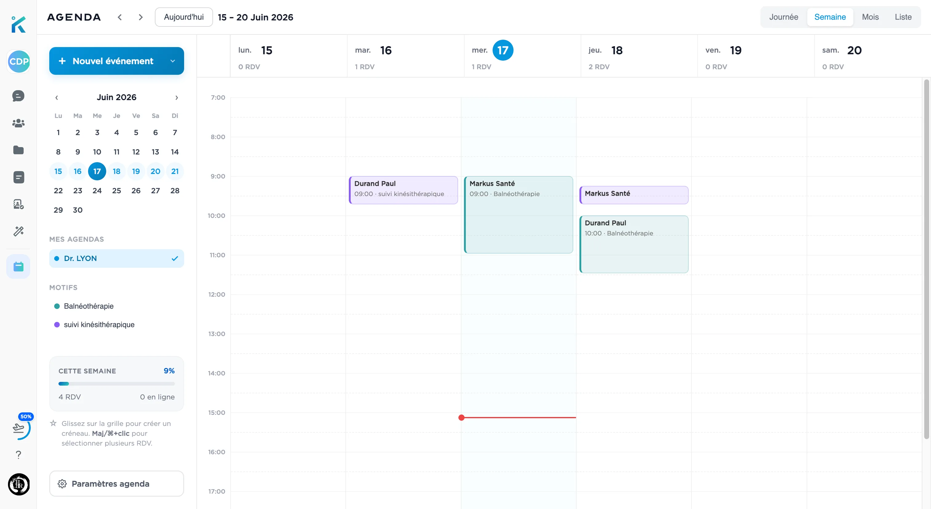 Agenda Markus, vue semaine : rendez-vous par motif de consultation, mini-calendrier, taux de remplissage de la semaine